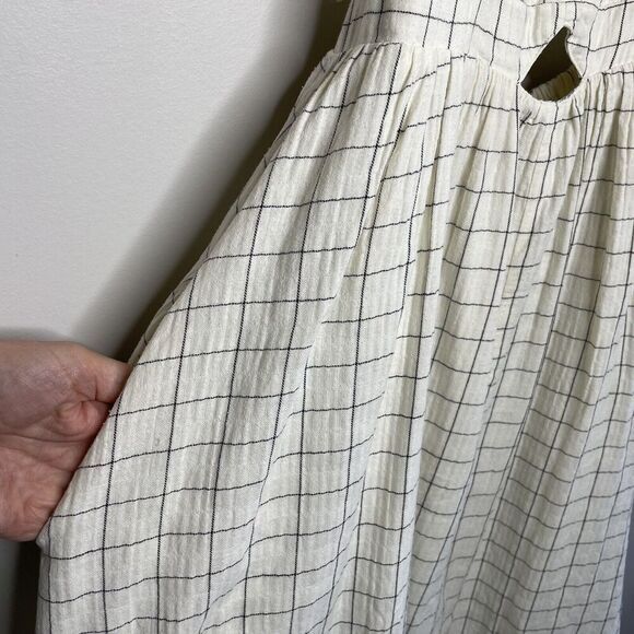 PAMELA LOVE Dress Womens Medium Plaid Halter Apron Midi Ivory Open Back Pockets - Picture 6 of 11